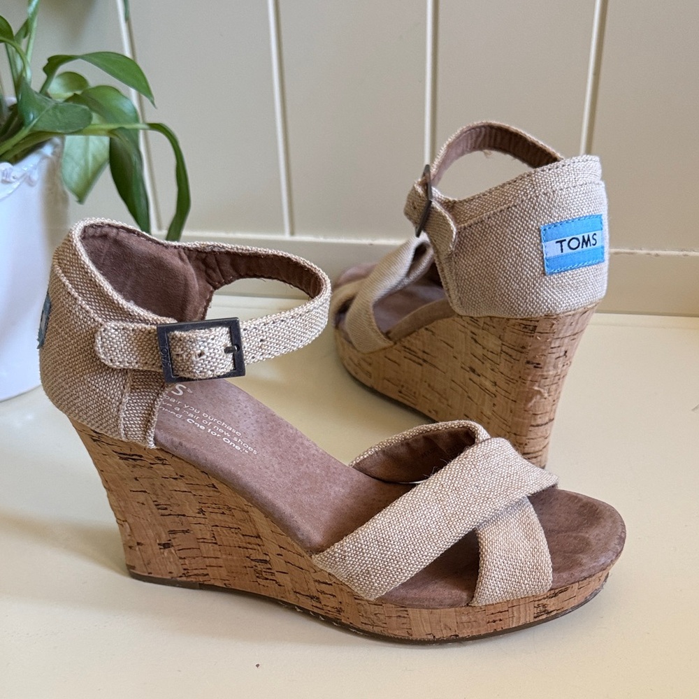 TOMS Beige Burlap & Cork Wedge Sandals